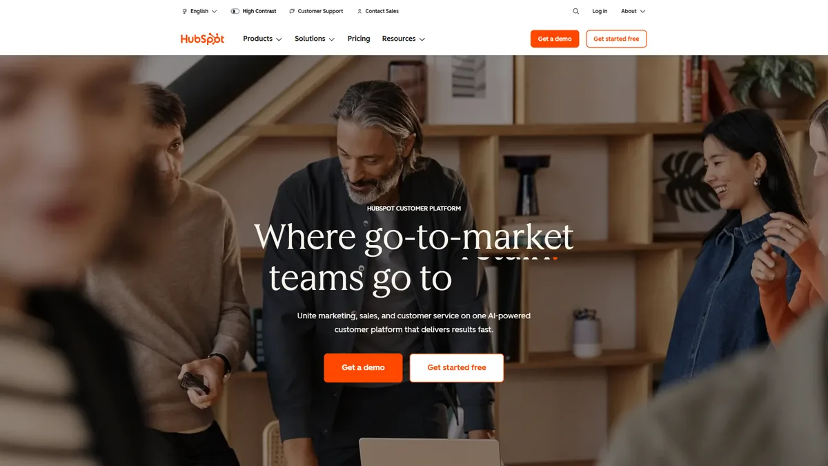 HubSpot homepage showing its customer platform with CRM, marketing, and sales hub offerings
