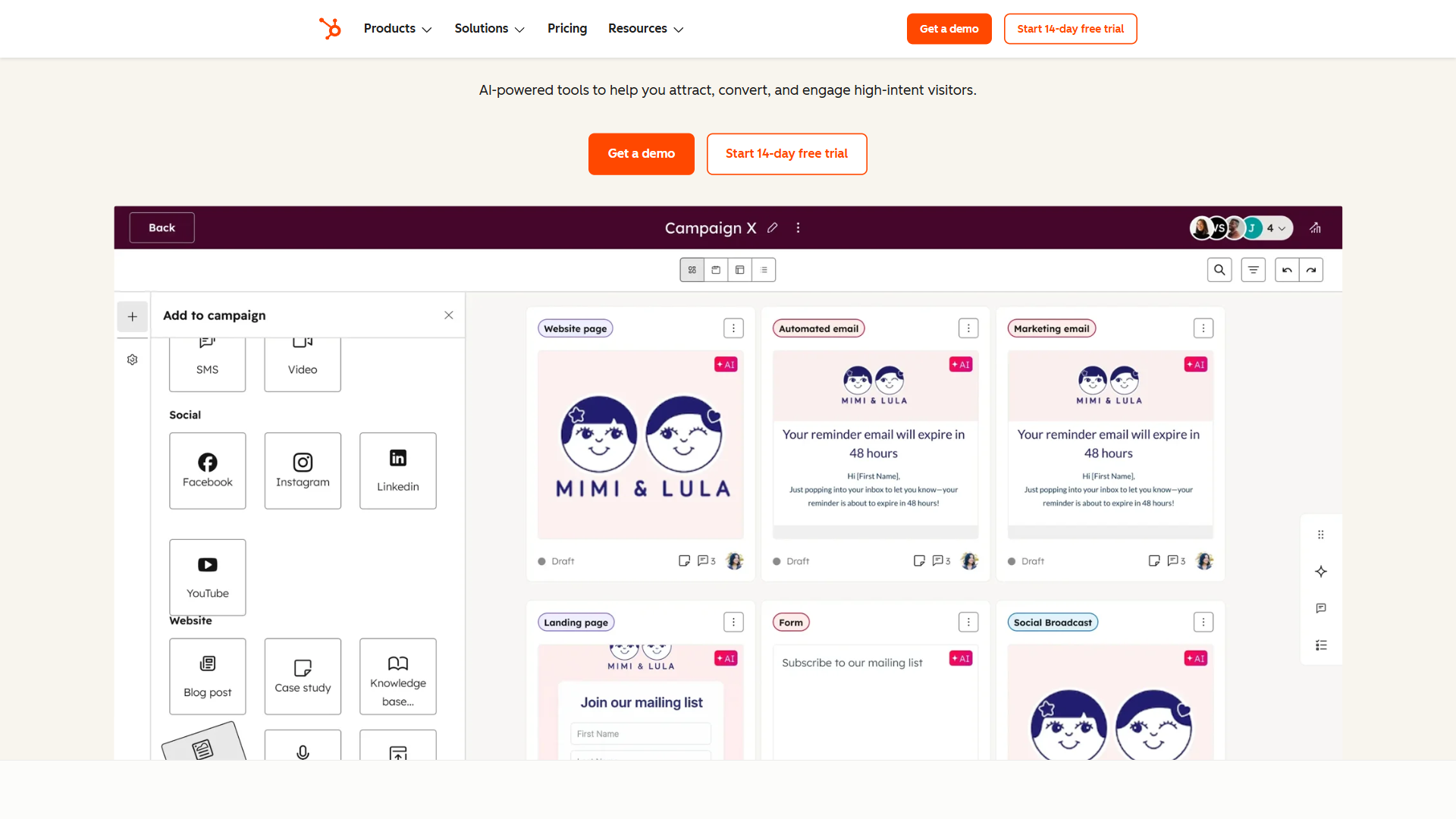 HubSpot Marketing Hub campaign builder showing its all-in-one marketing tools