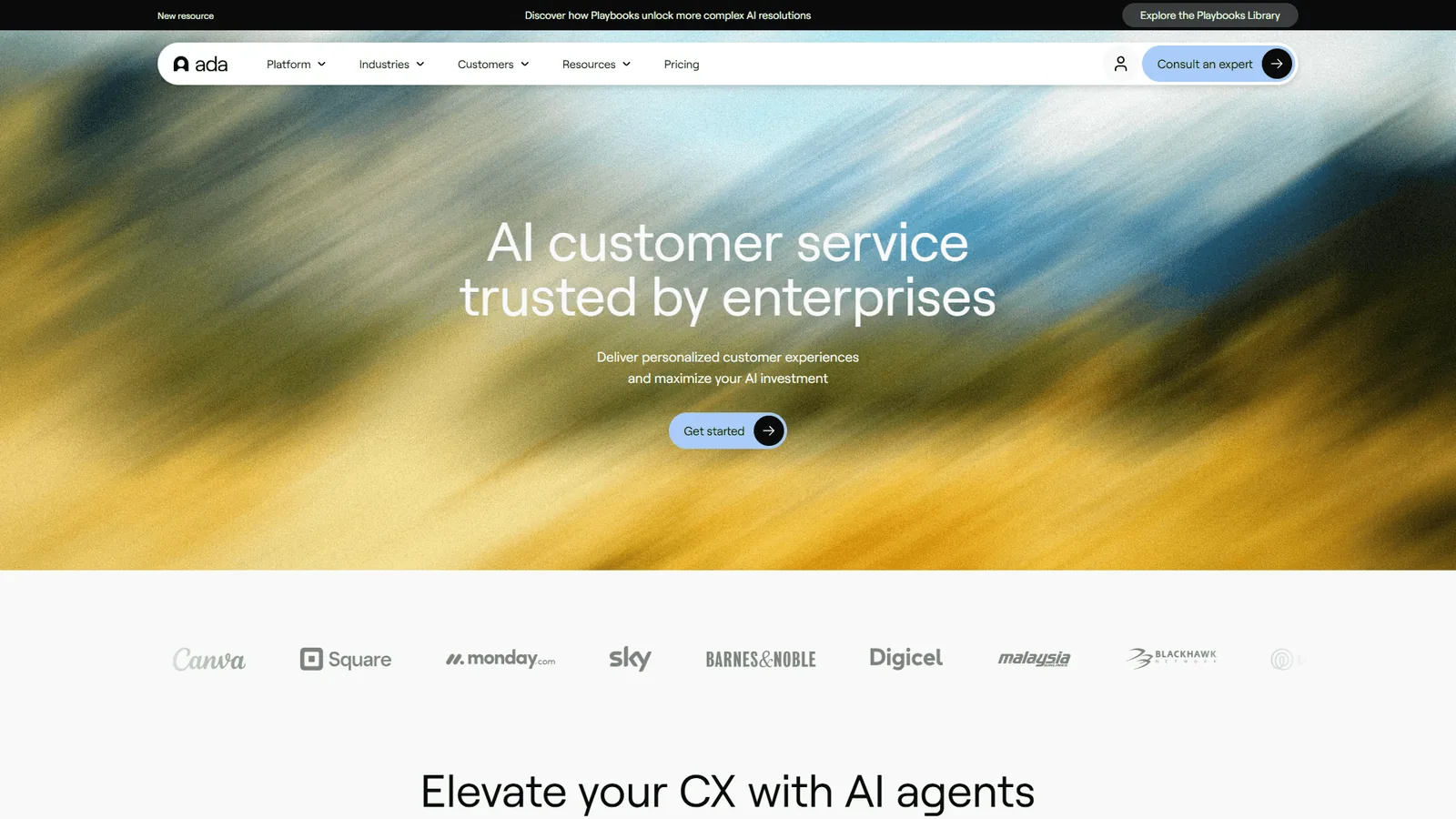 Ada AI customer service platform showing automated conversation interface and intent detection