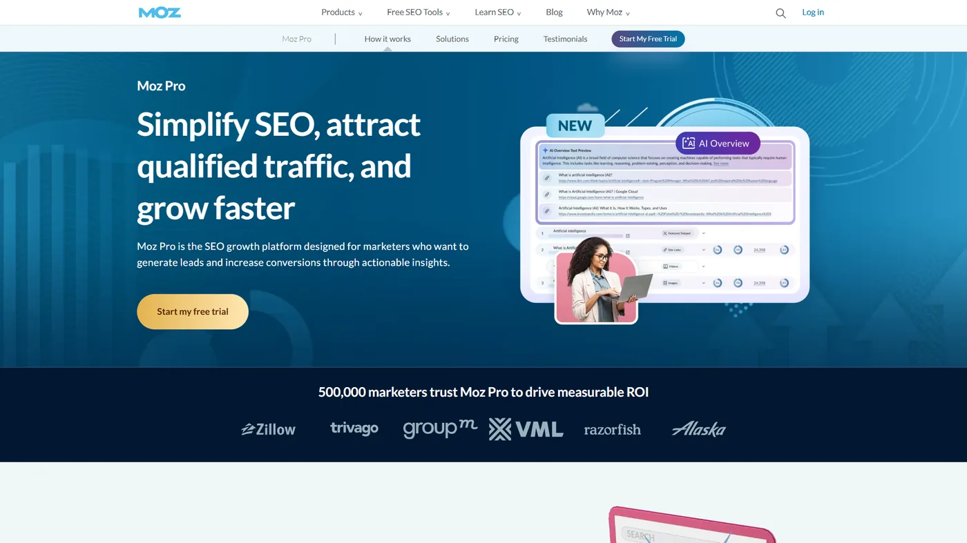 Moz Pro landing page featuring Simplify SEO, attract qualified traffic, and grow faster with AI Overview preview