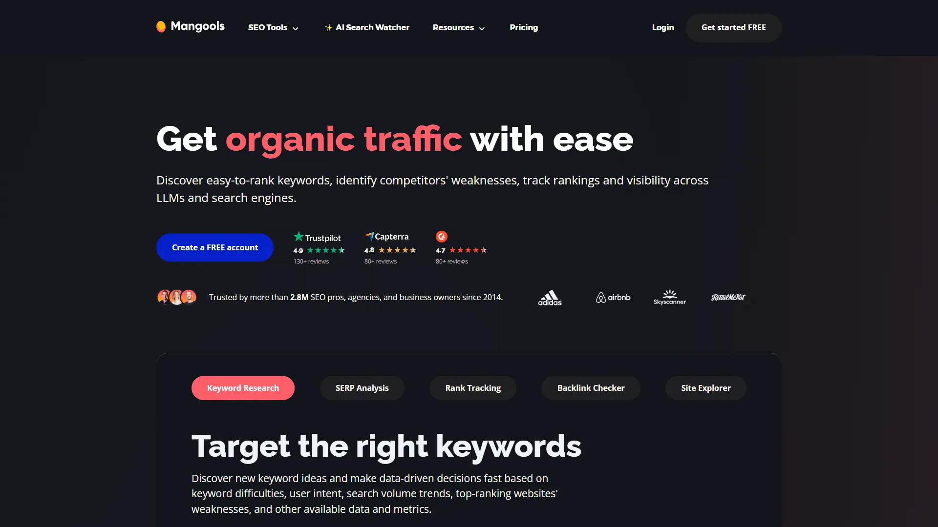 Mangools homepage featuring Get organic traffic with ease headline and Keyword Research tool tabs on dark background