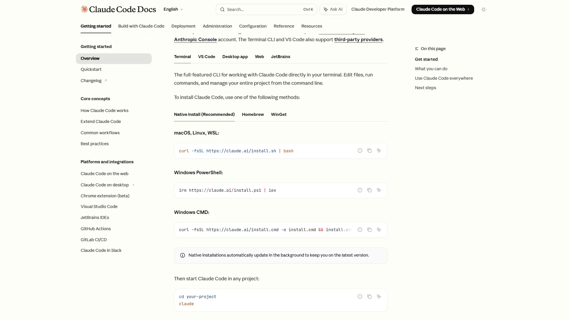 Claude Code terminal interface showing agentic coding capabilities and natural language commands