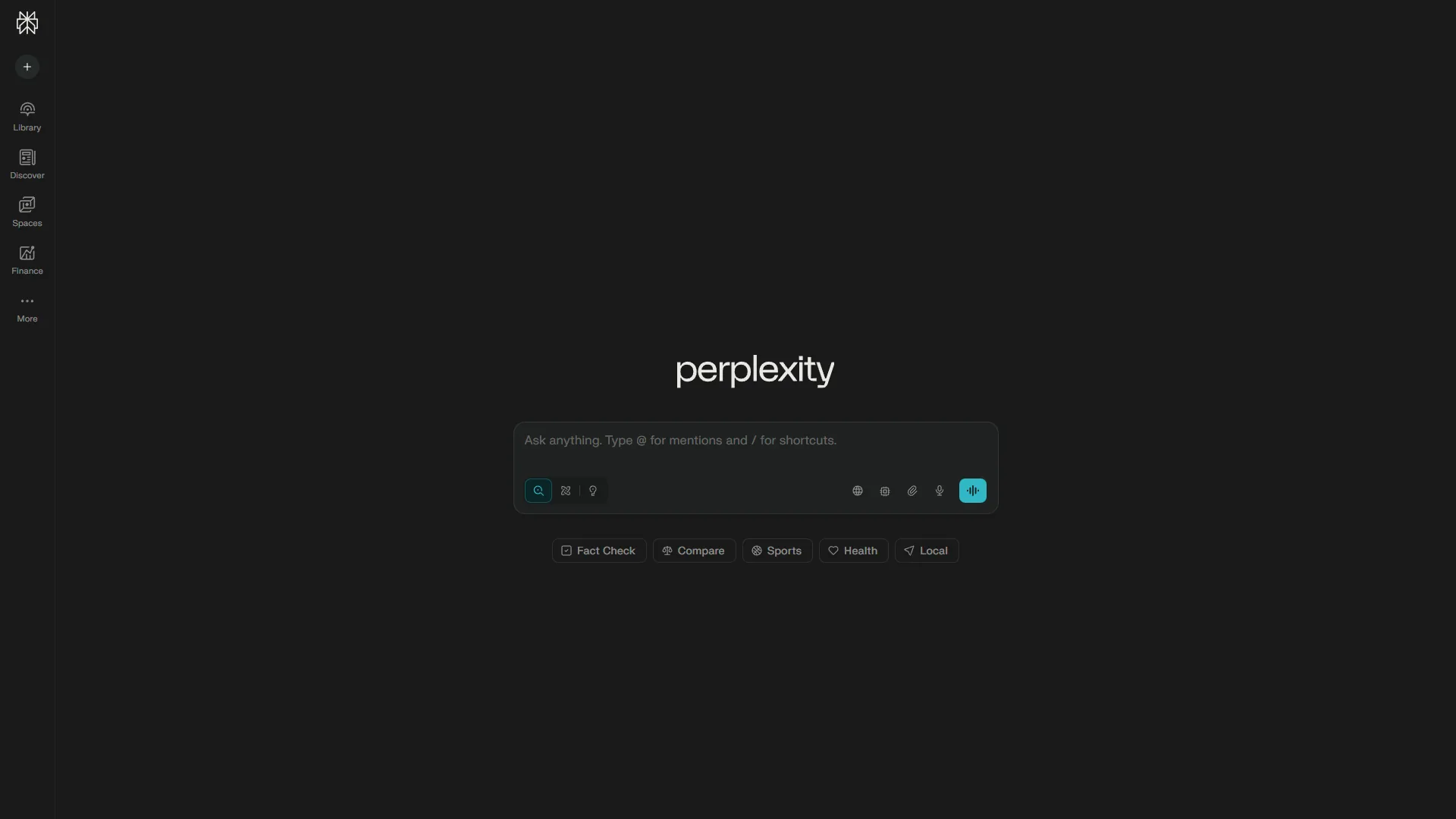 Perplexity landing page with empty search bar, sidebar nav, and topic shortcuts like Fact Check