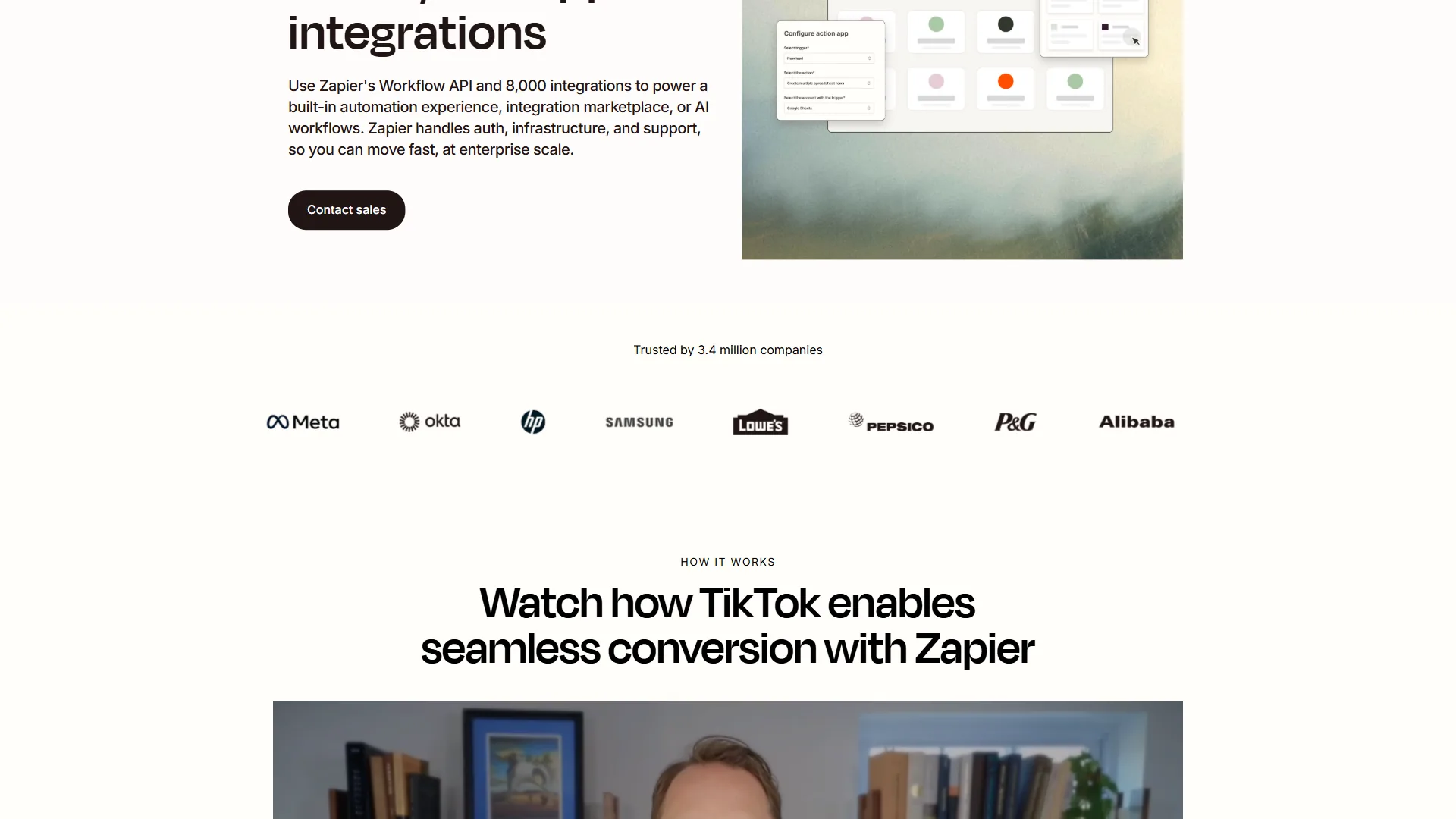Zapier integrations page promoting 8,000 app connections with enterprise client logos below