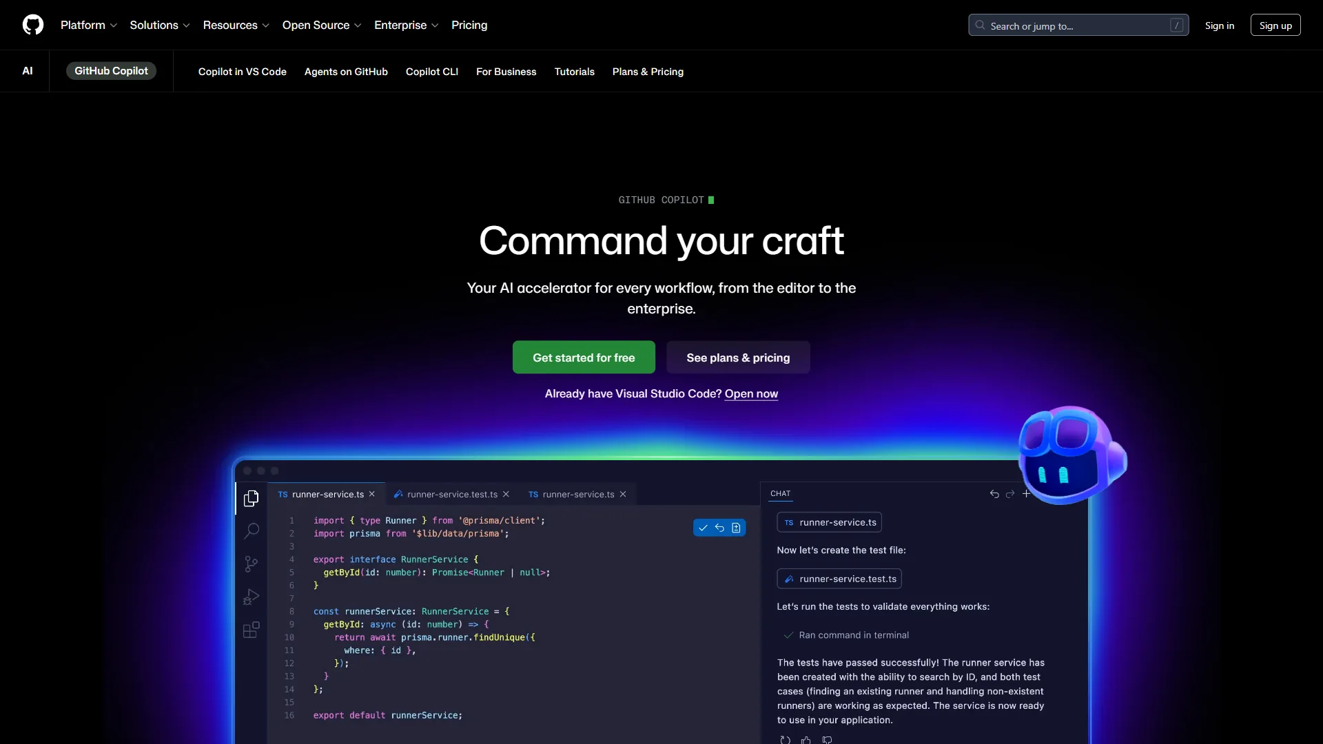 GitHub Copilot homepage showing AI pair programming features for developers