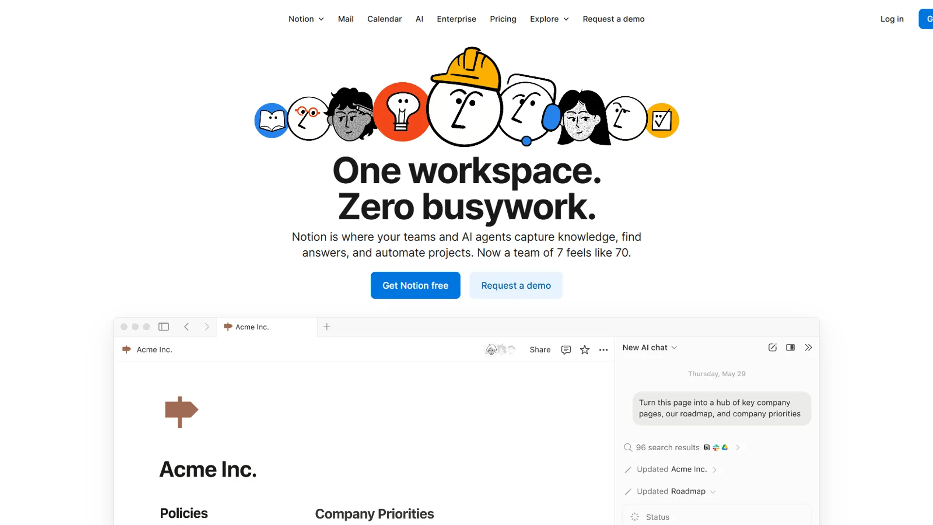 Notion homepage with One workspace Zero busywork headline, AI chat panel, and team collaboration demo