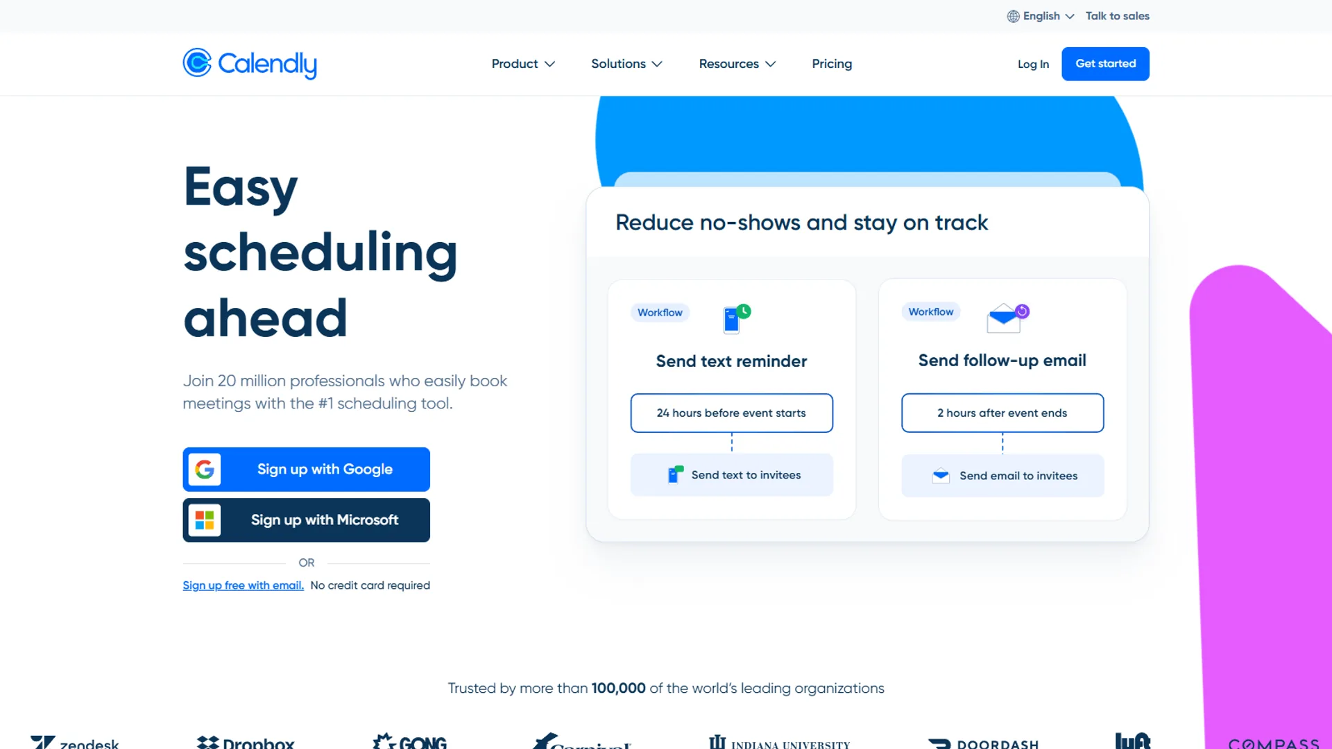 Calendly homepage with Easy scheduling ahead headline, sign-up buttons, and no-show reduction workflow