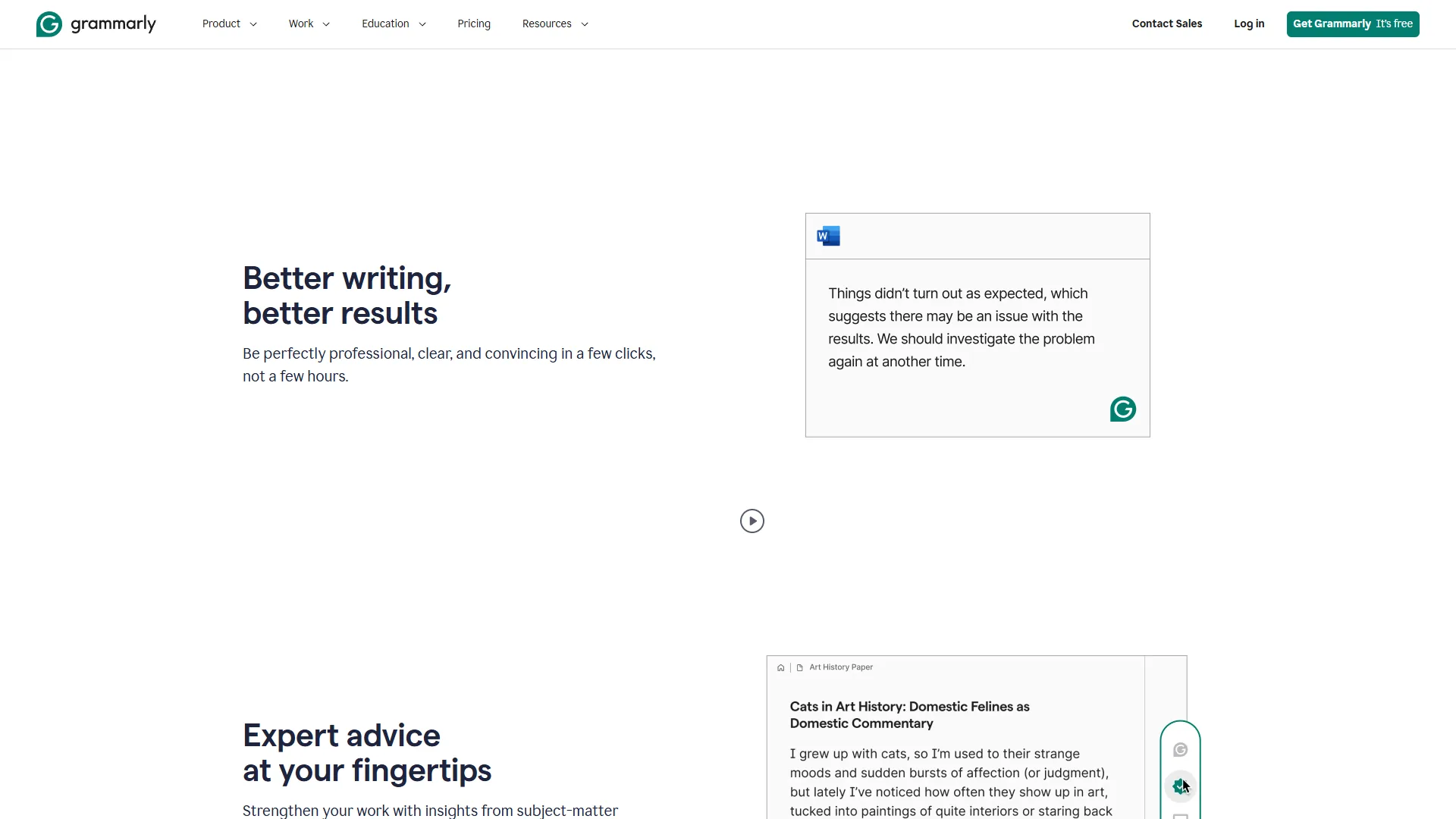 Grammarly homepage with Better writing, better results headline and a writing sample with AI suggestions