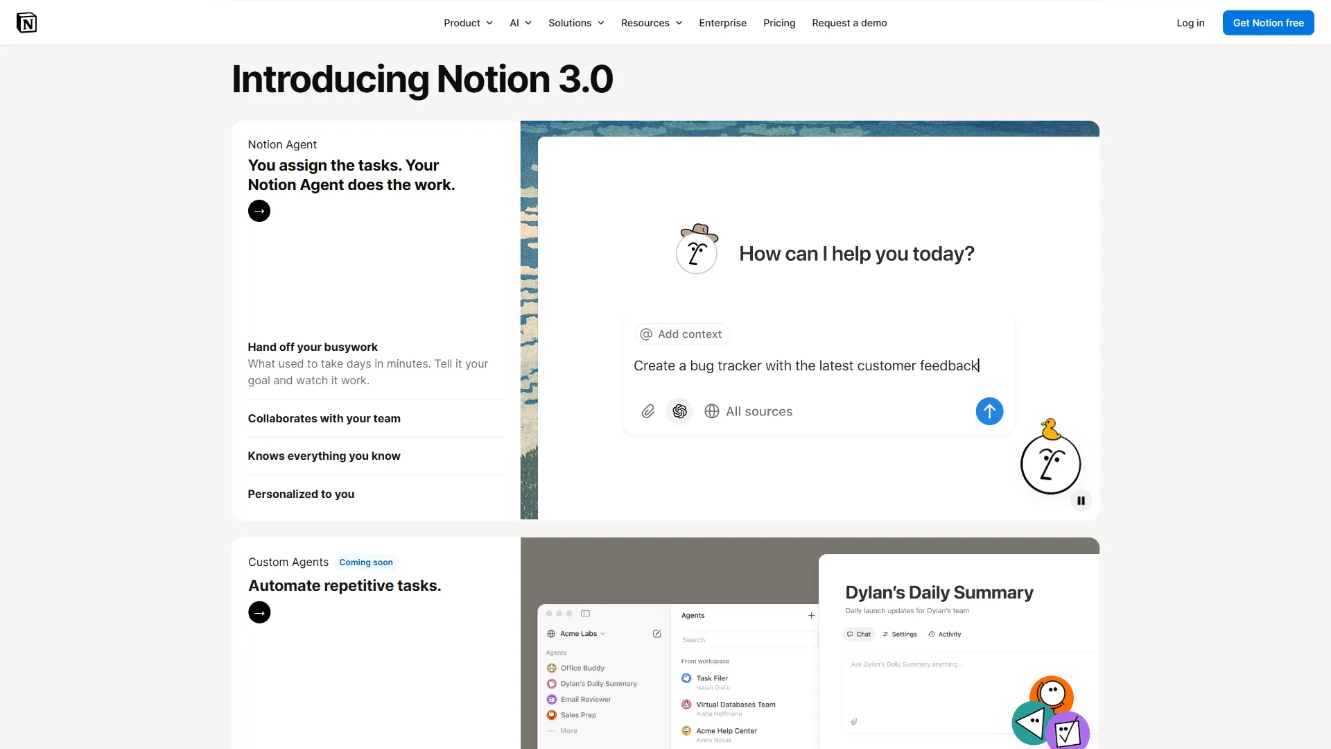 Notion 3.0 homepage introducing Notion Agent with AI chat interface and custom agent automation