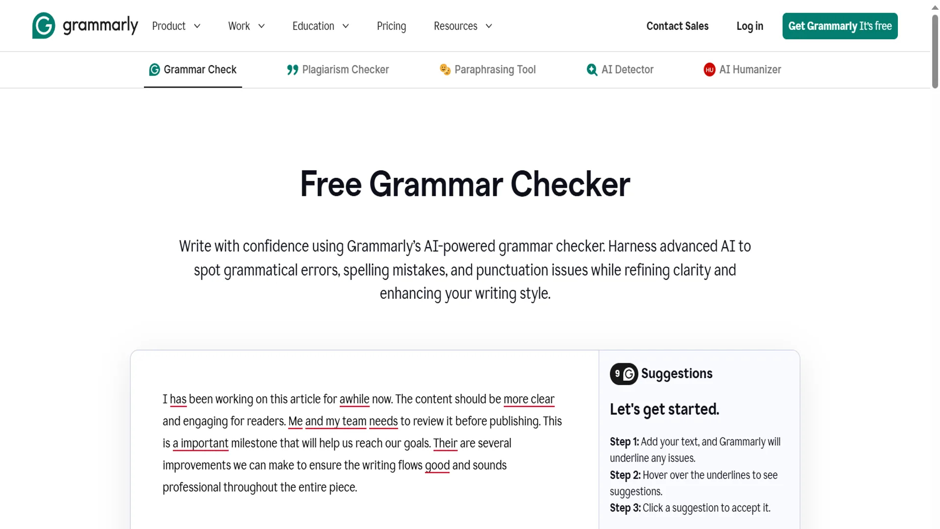 Grammarly Free Grammar Checker webpage with sample text and a sidebar listing suggestions