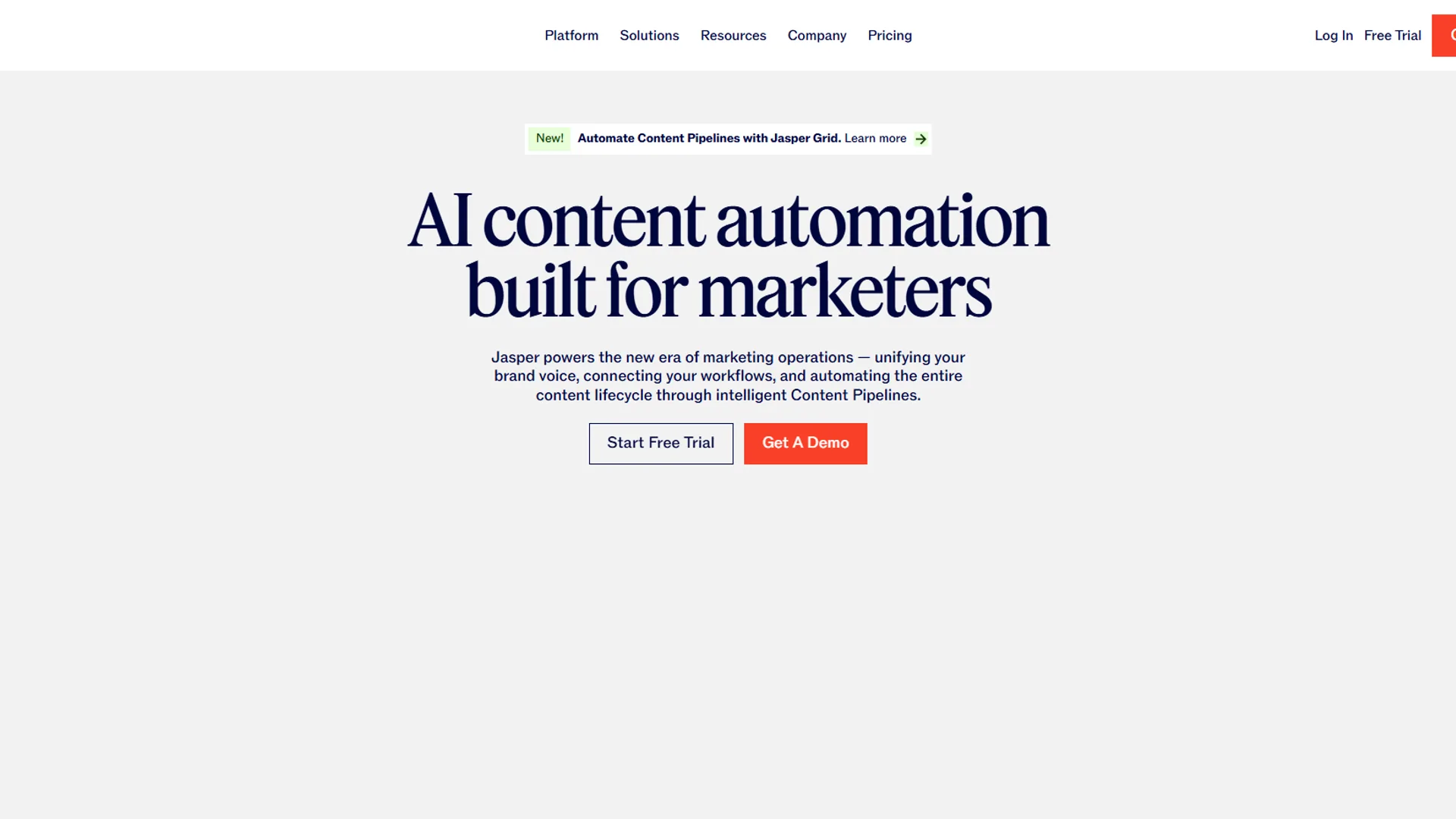 Jasper homepage headline reading AI content automation built for marketers with Start Free Trial and Get A Demo buttons
