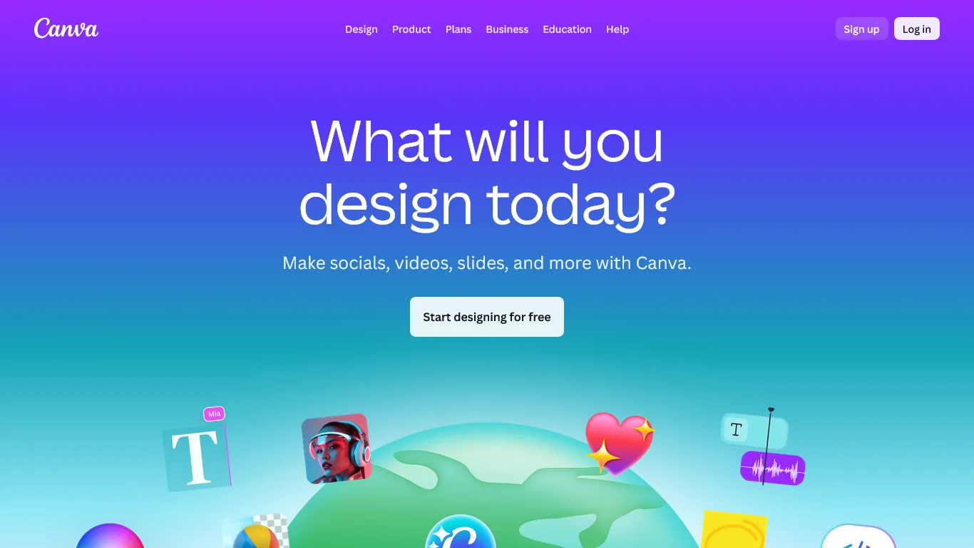 Canva homepage with purple gradient hero asking What will you design today and floating design icons