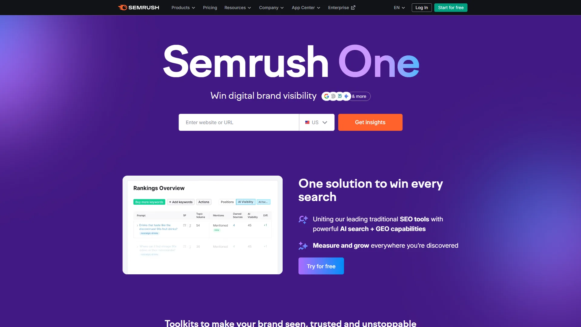 Semrush One homepage featuring 'Win digital brand visibility' with SEO and AI search capabilities