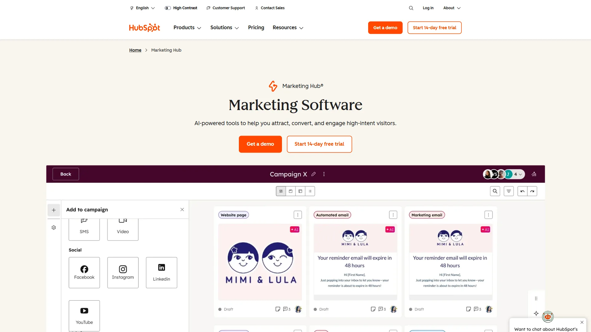 HubSpot Marketing Hub page showing AI-powered campaign builder with website, email, and social tools