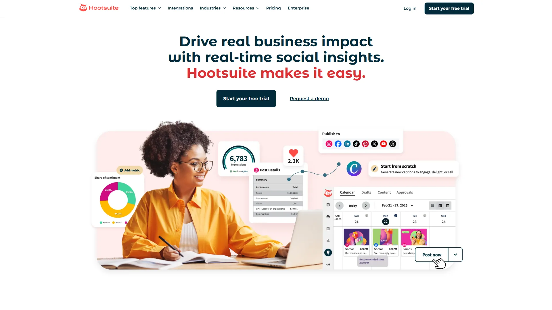 Hootsuite homepage featuring 'Drive real business impact with real-time social insights' and scheduling UI