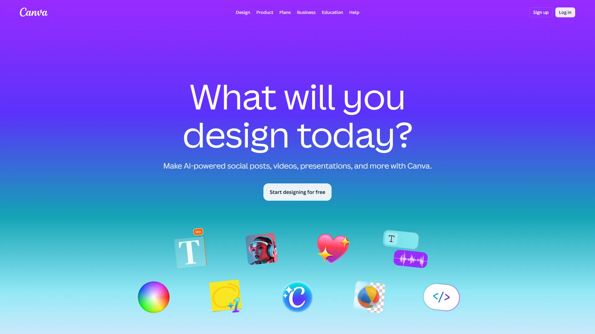 Canva homepage with purple gradient, What will you design today heading, and floating design icons