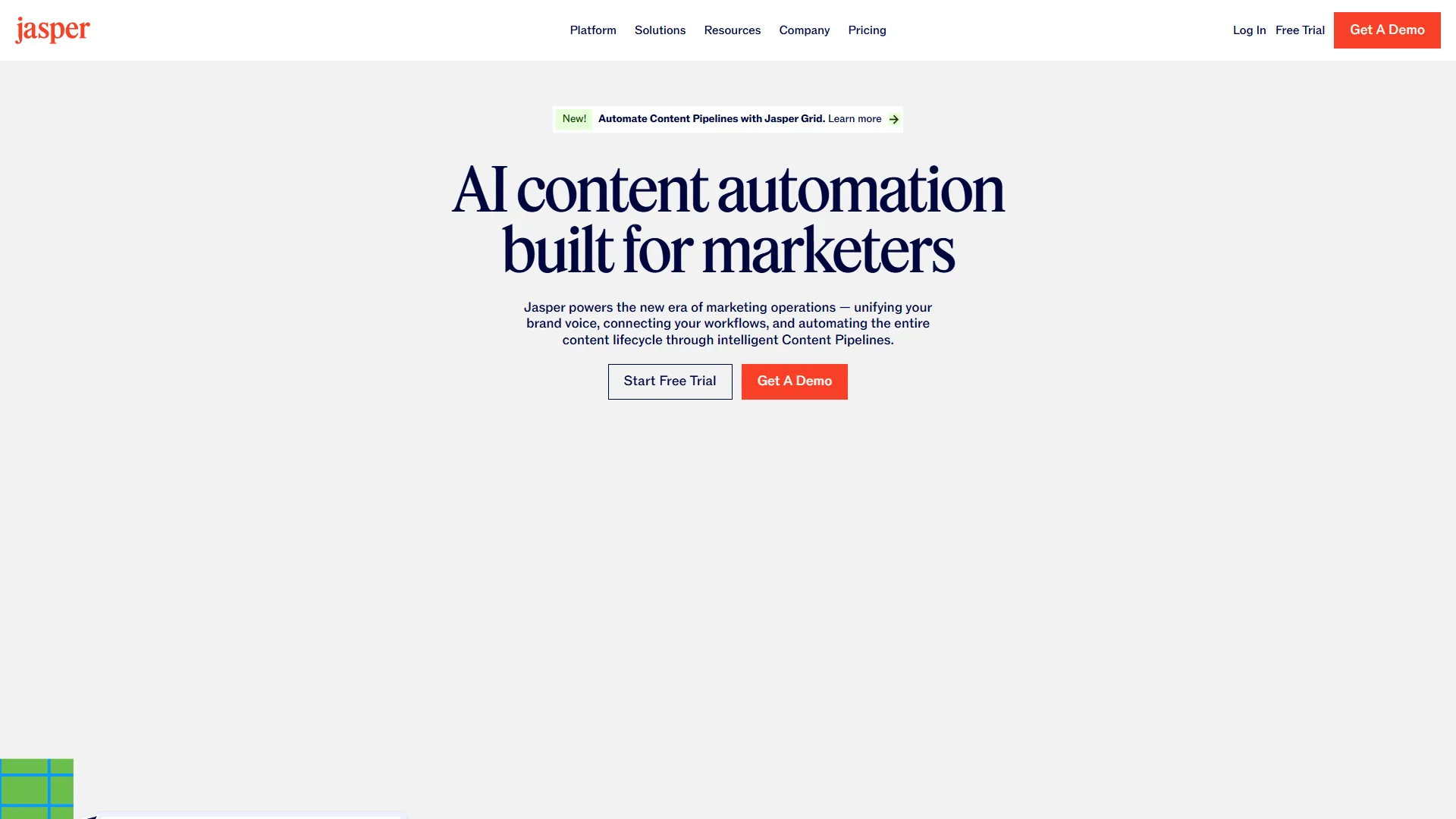 Jasper homepage featuring 'AI content automation built for marketers' with Content Pipelines announcement