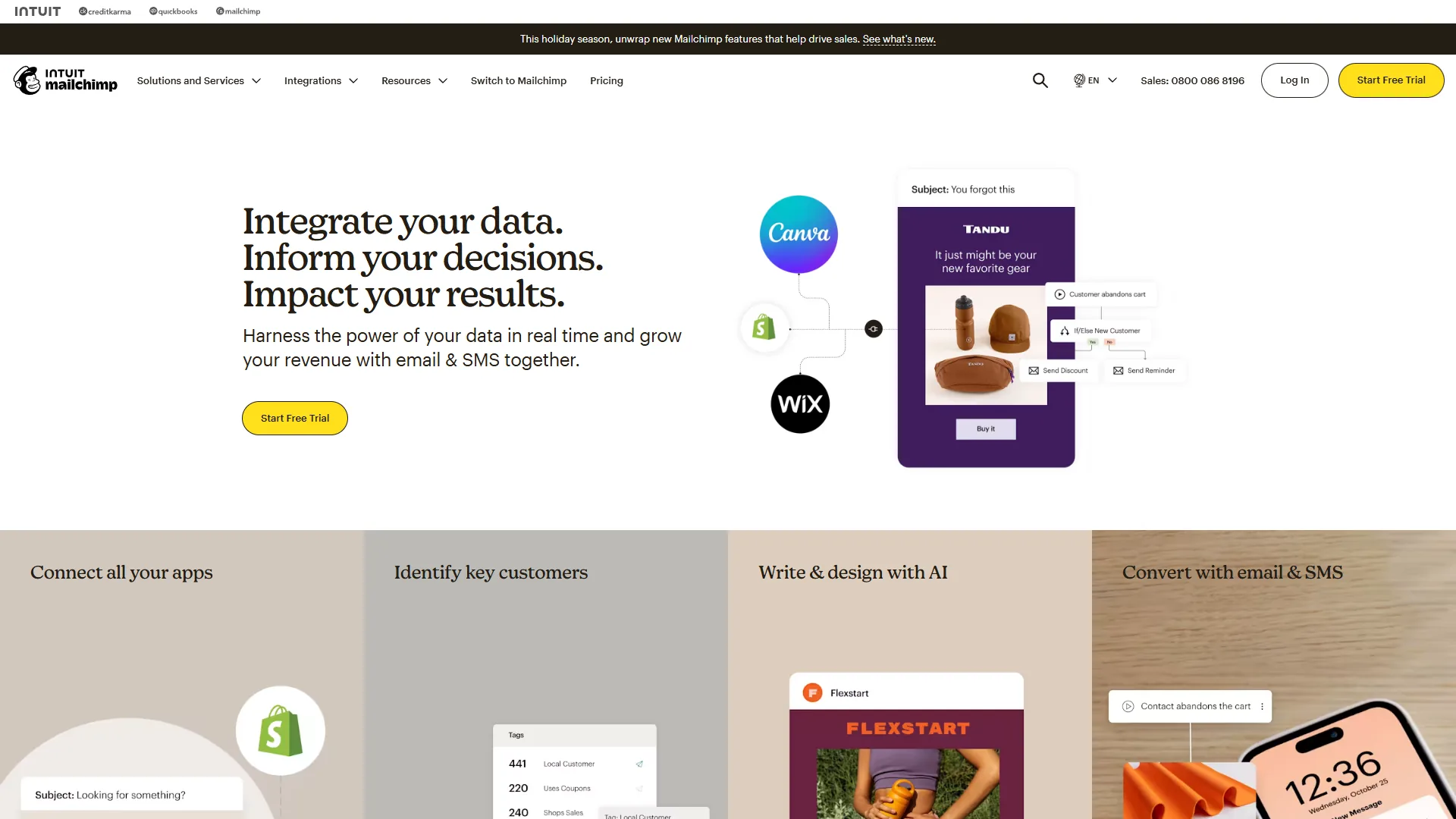 Mailchimp homepage featuring 'Integrate your data. Inform your decisions. Impact your results.'