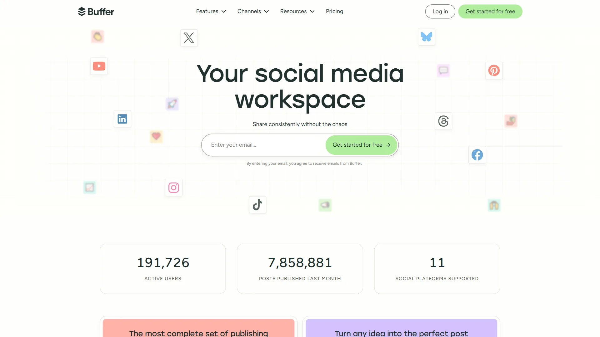 Buffer homepage featuring 'Your social media workspace' with platform icons and usage statistics