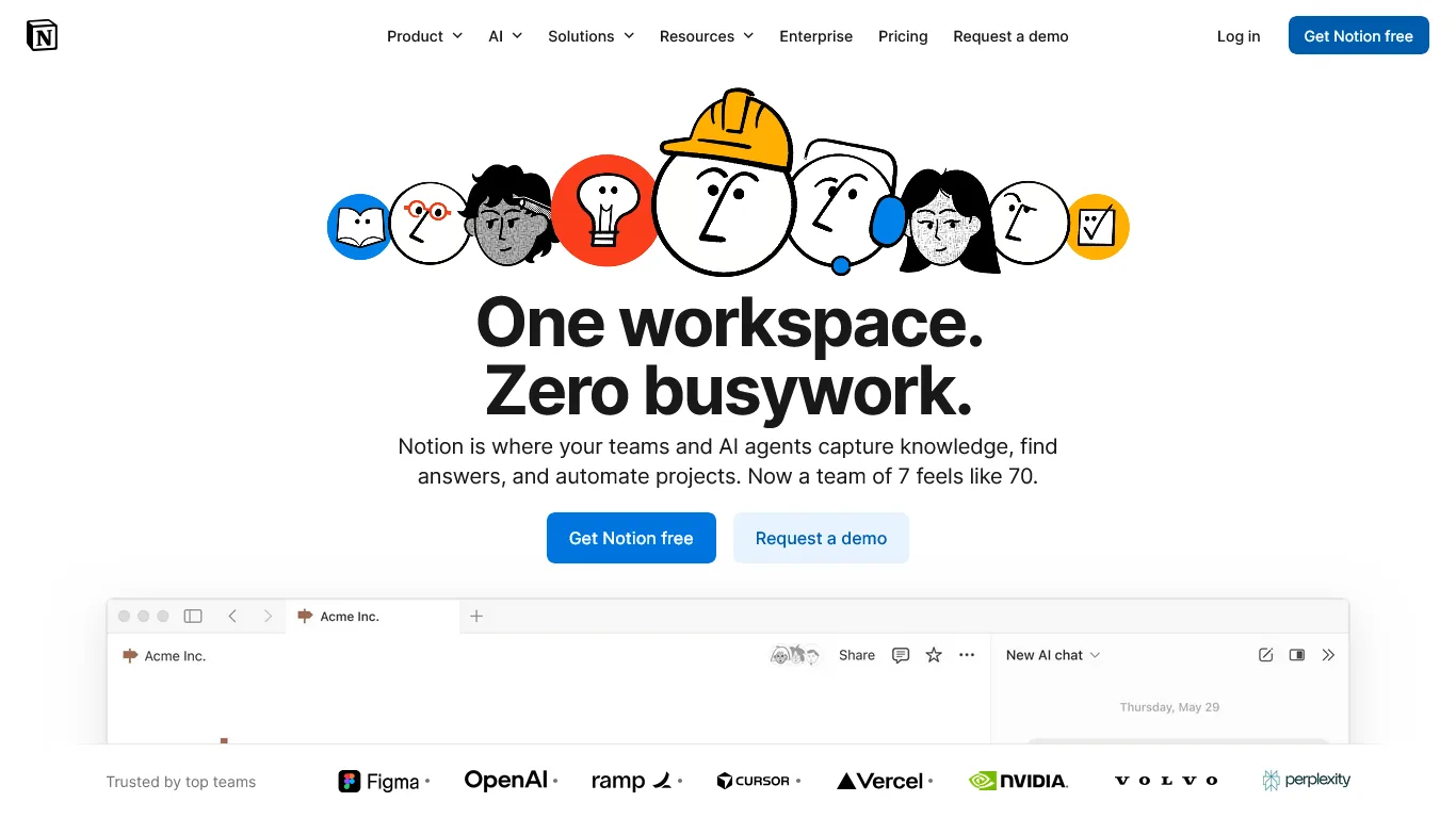 Notion homepage with One workspace Zero busywork headline, character illustrations, and logos of Figma, OpenAI, and NVIDIA