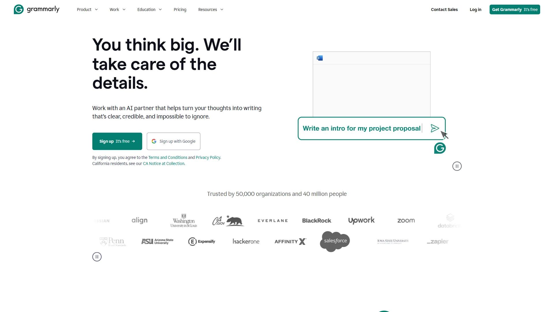 Grammarly homepage with You think big headline, an AI chat prompt field, and logos of trusted organizations