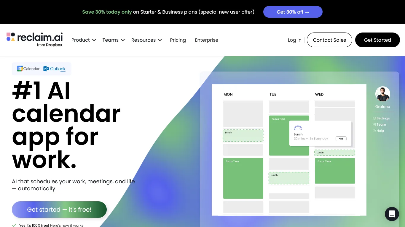 Reclaim.ai calendar showing smart scheduling and travel time blocks