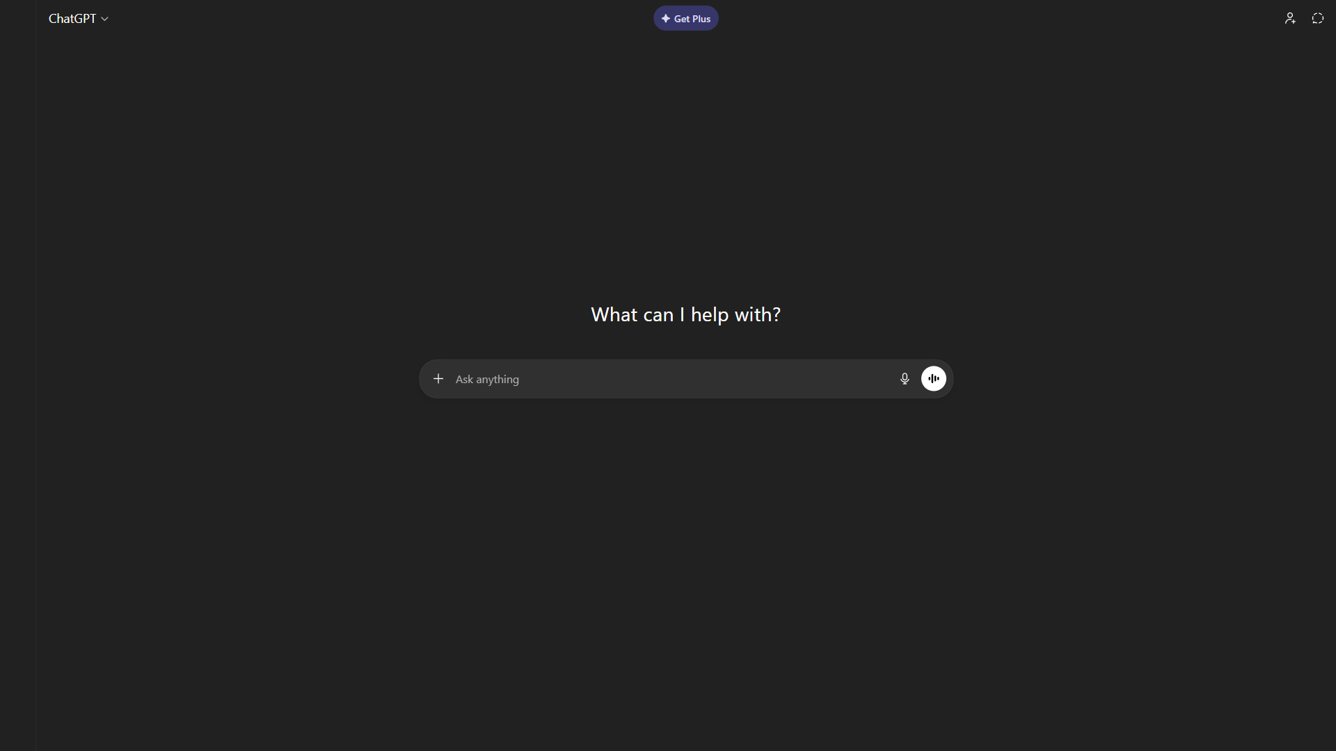 ChatGPT empty home screen showing the Ask anything prompt bar and Get Plus button