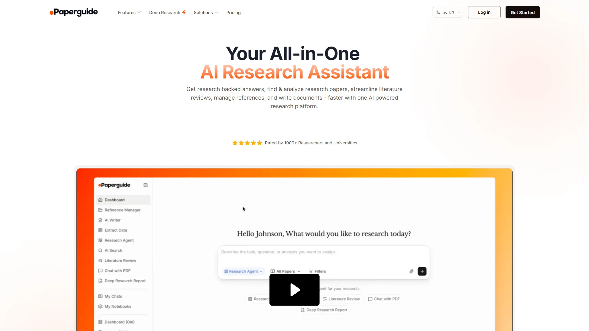 Paperguide AI research assistant homepage showing the all-in-one research platform with Literature Review, AI Writer, and Deep Research features