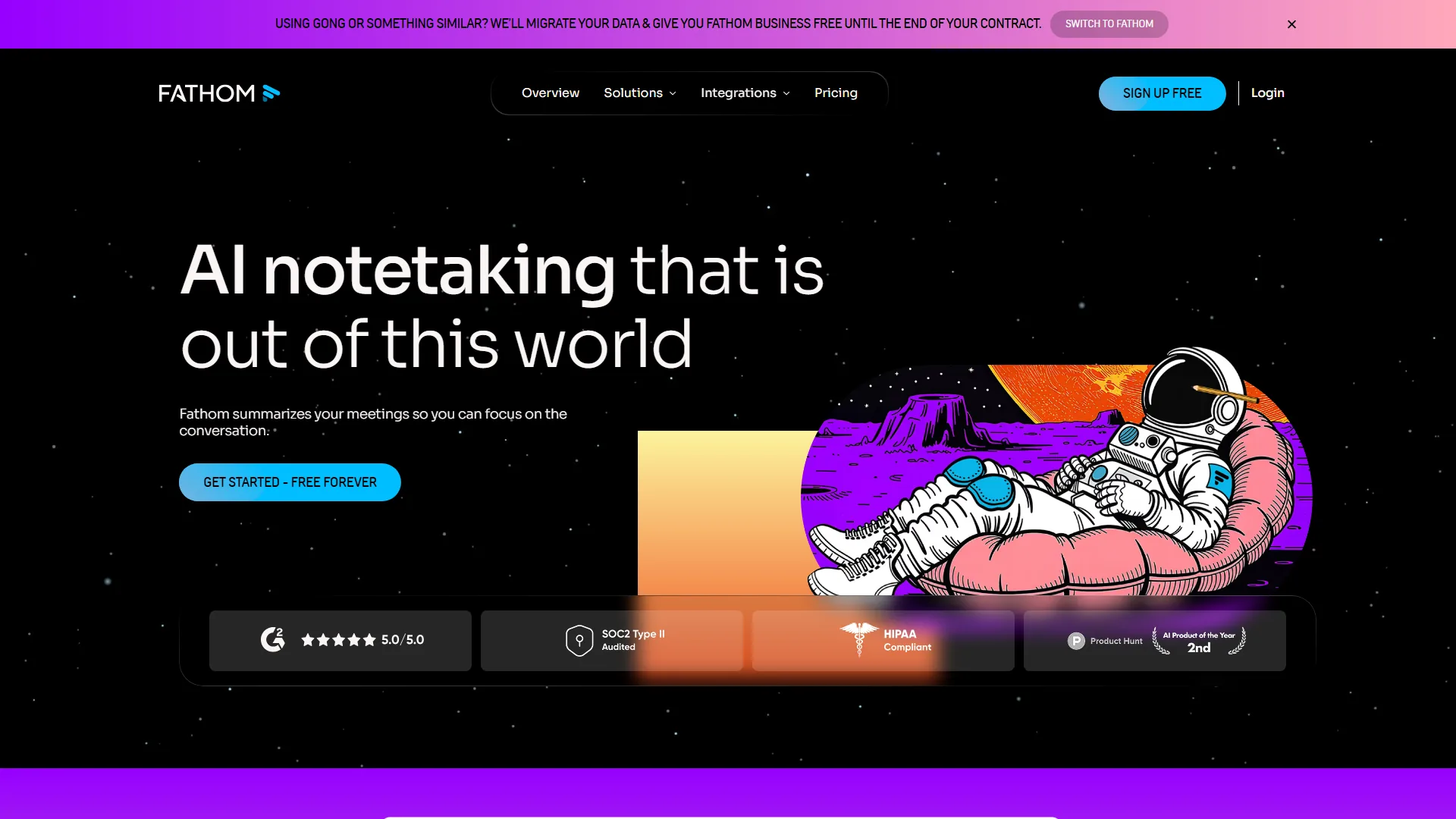Fathom homepage with the headline AI notetaking that is out of this world, featuring an astronaut illustration, a top-rated badge, and HIPAA compliant label