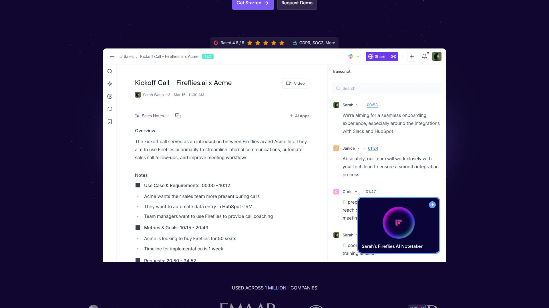 Fireflies.ai meeting recap showing a Kickoff Call transcript with overview notes, use case requirements, metrics, and a live conversation transcript panel