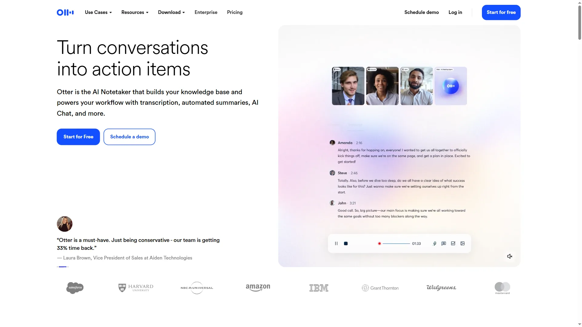 Otter.ai homepage showing the headline Turn conversations into action items with a live meeting transcription preview and customer testimonials