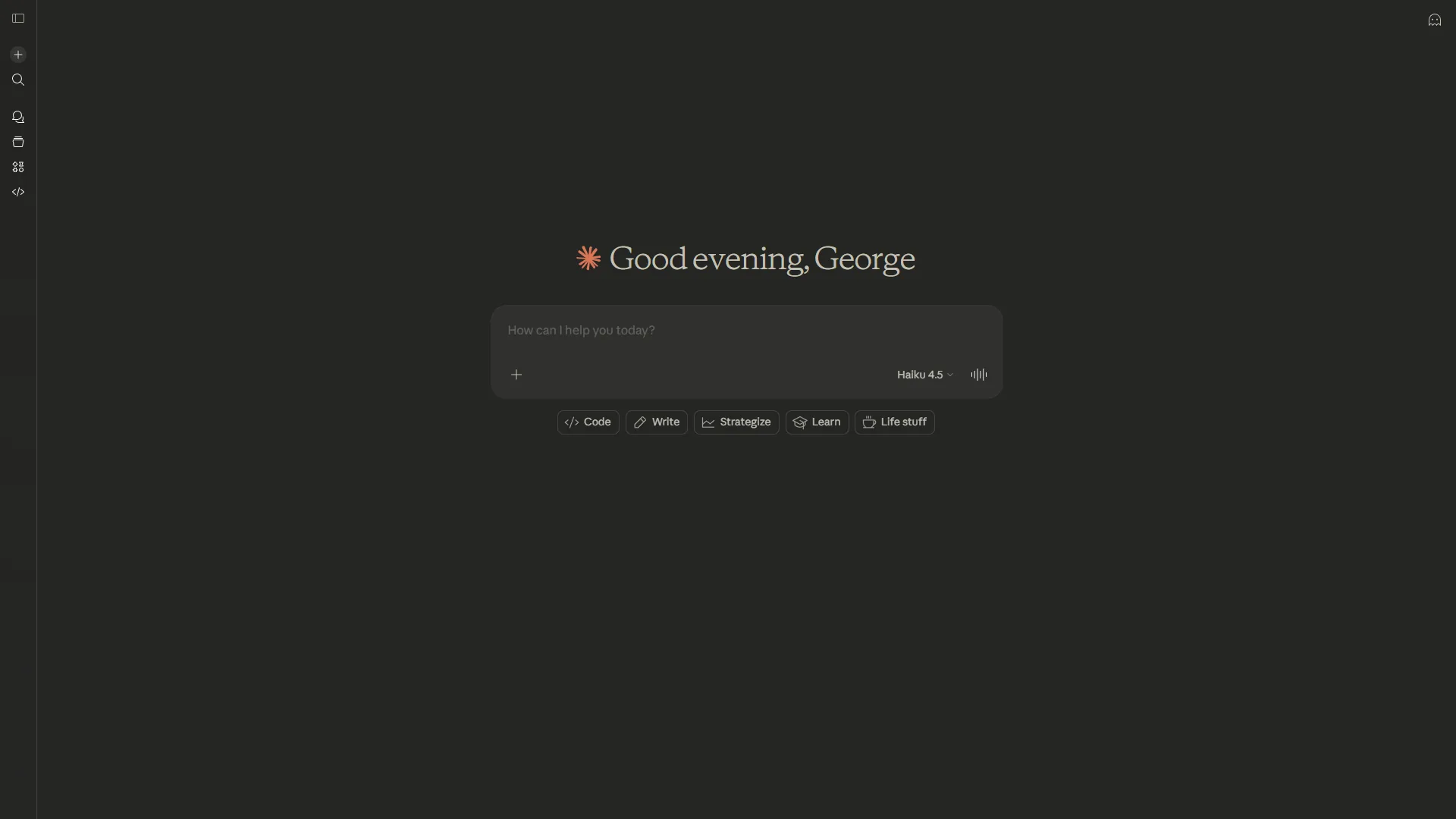 Claude.ai web chat greeting screen with Haiku 4.5 model selector and task category buttons