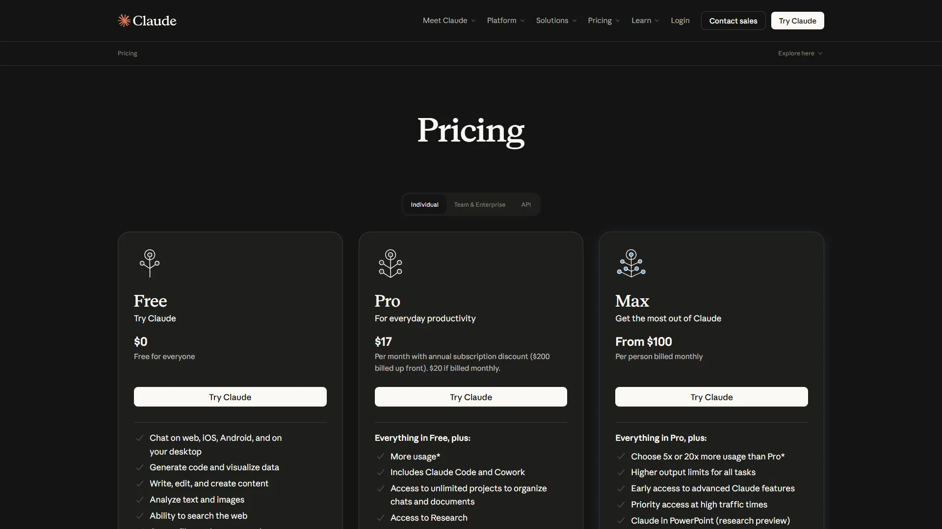 Claude pricing page showing Free, Pro, and Max tiers with feature comparison