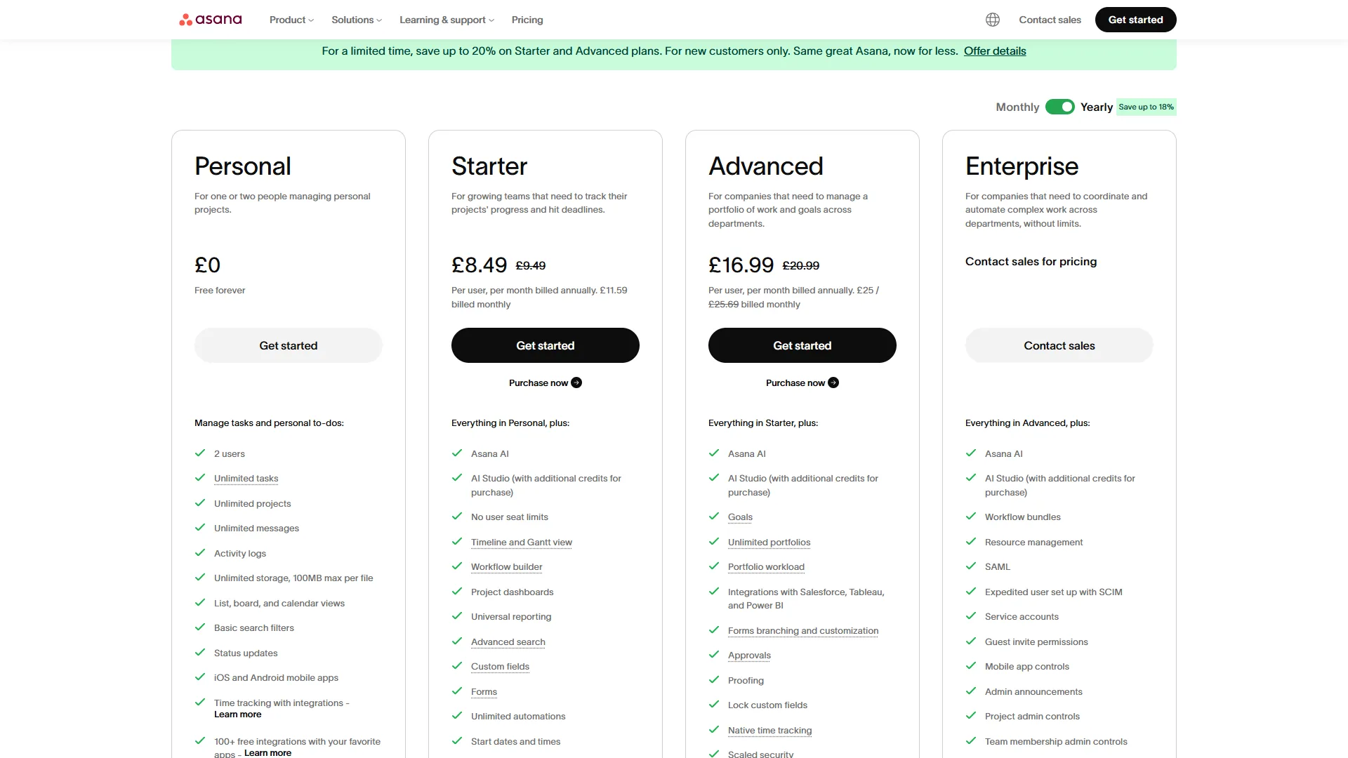 Asana pricing page showing Personal, Starter, Advanced, and Enterprise tiers