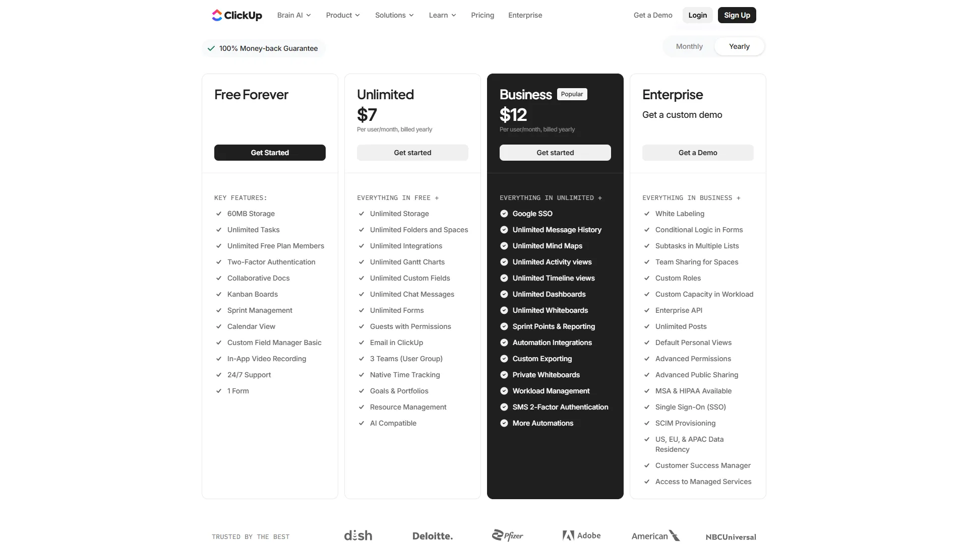 ClickUp pricing page showing Free, Unlimited, Business, and Enterprise tiers