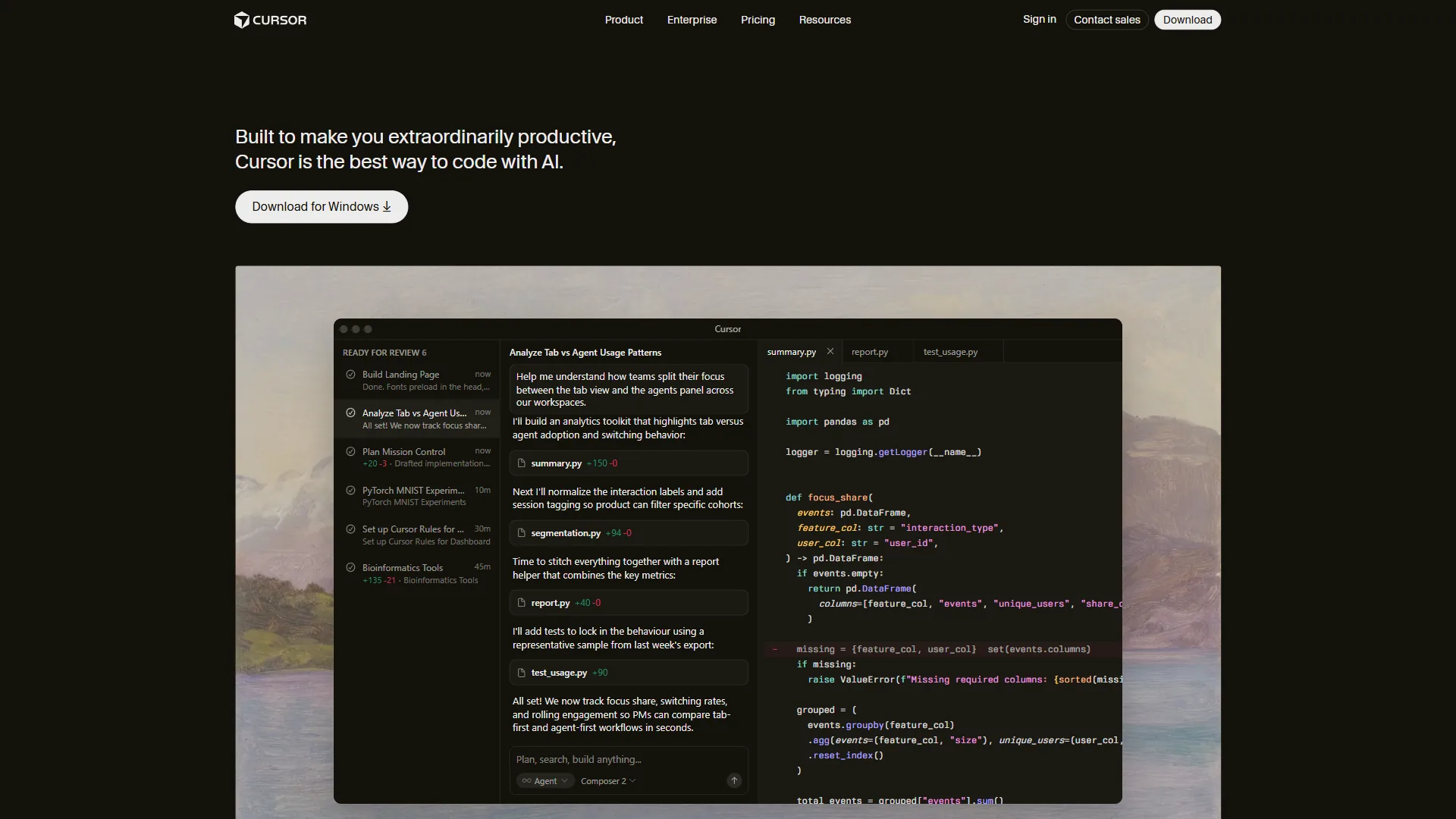 Cursor AI code editor homepage displaying the AI-first coding environment with dark theme