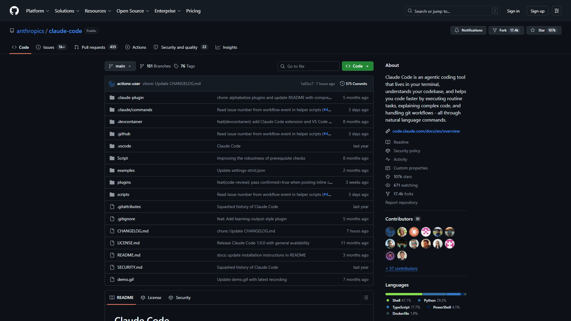 Claude Code GitHub repository page showing the open-source terminal-based AI coding agent by Anthropic