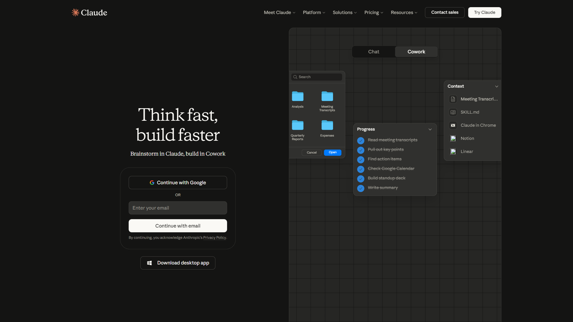 Claude AI login interface showing the conversation starter screen in dark mode