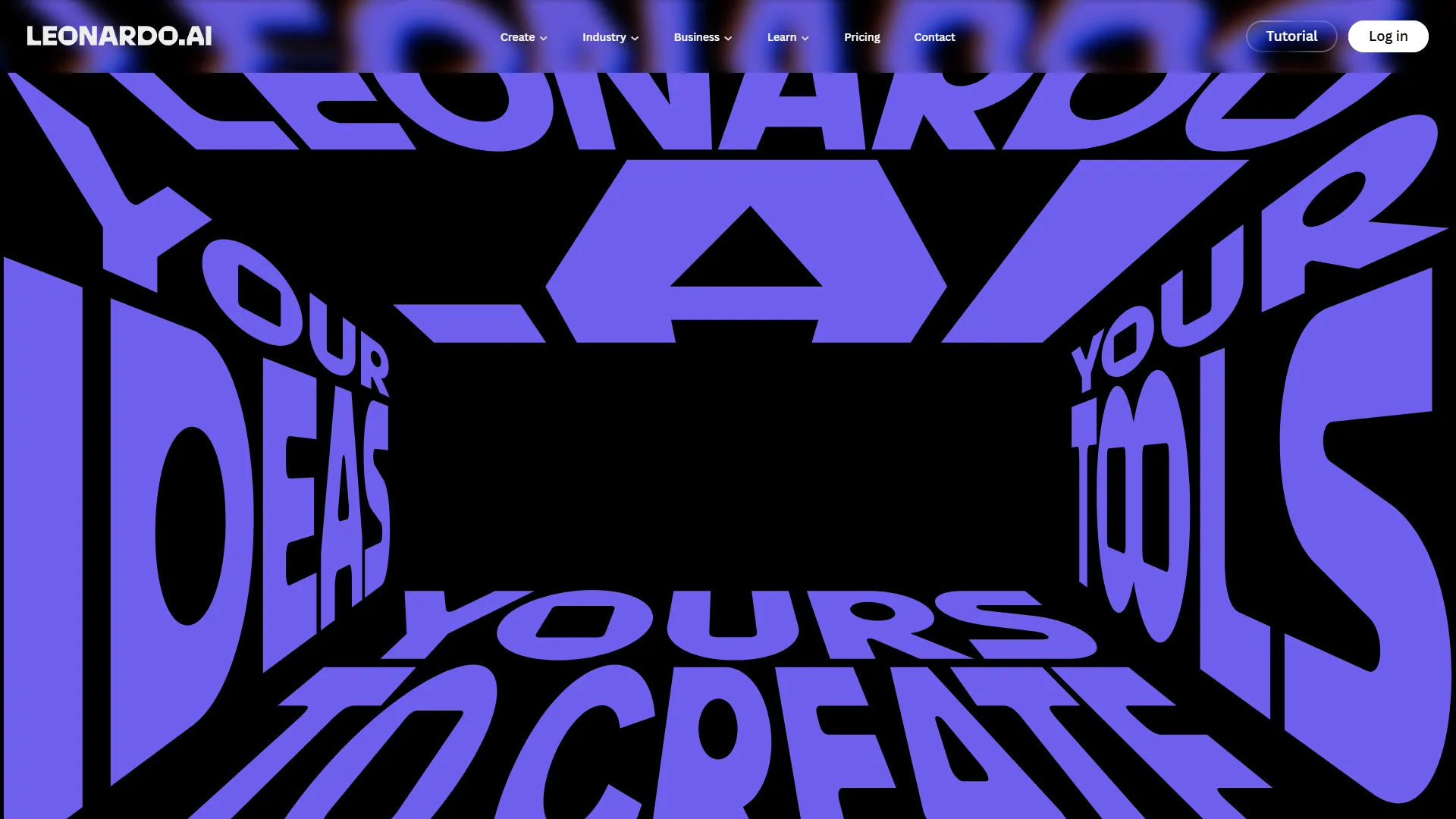 Leonardo AI homepage with bold purple 3D typography reading Your Ideas Your Tools Yours to Create
