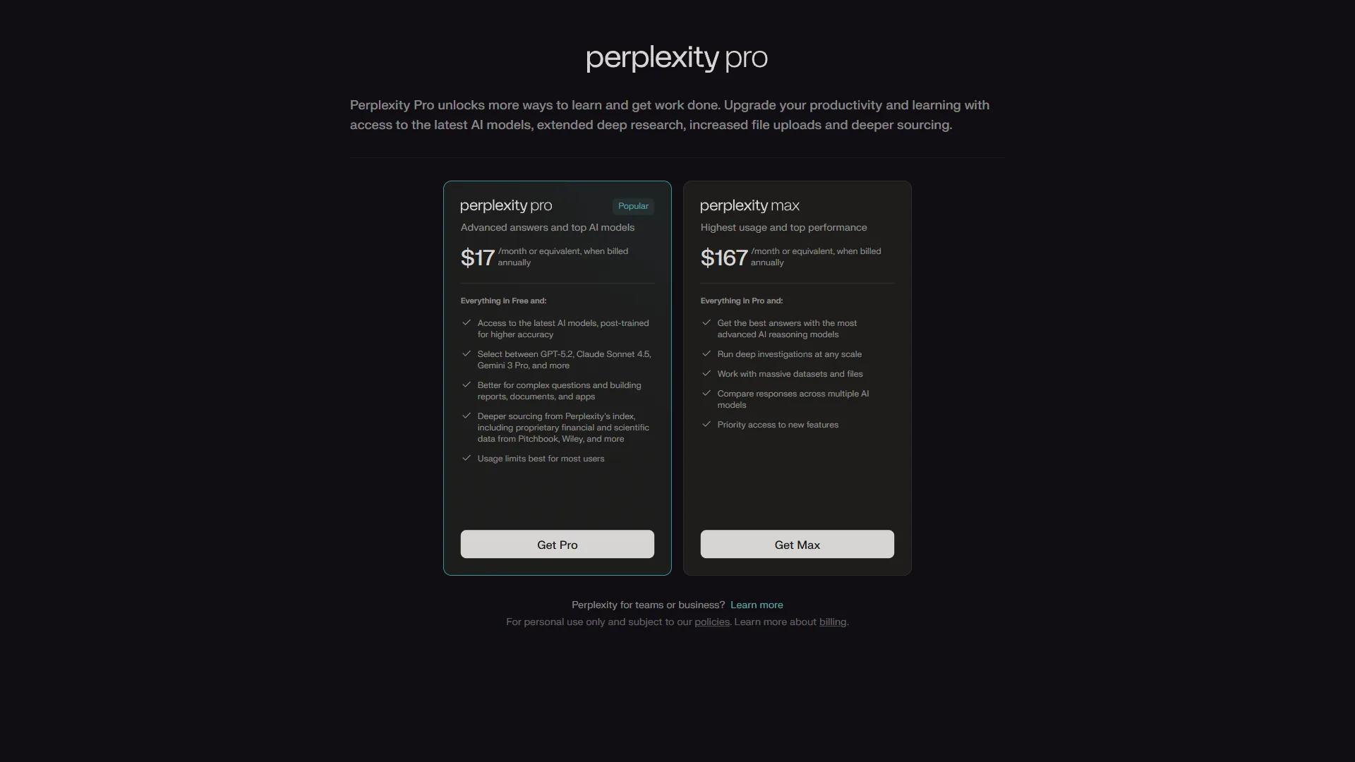 Perplexity Pro pricing page showing Pro plan at $17 per month and Max plan at $167 per month with feature comparisons
