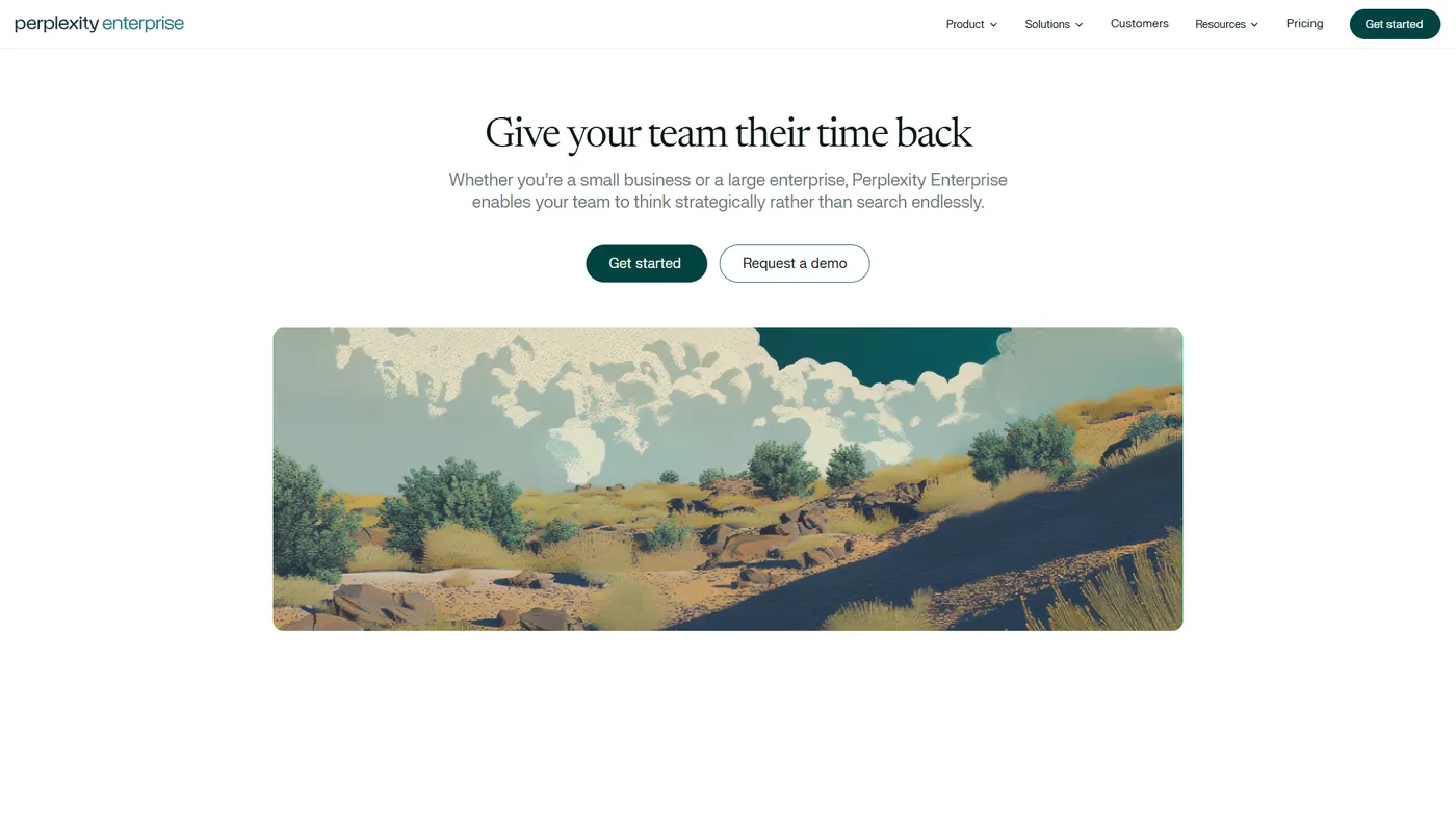 Perplexity Enterprise page with heading Give your team their time back and Get started and Request a demo buttons