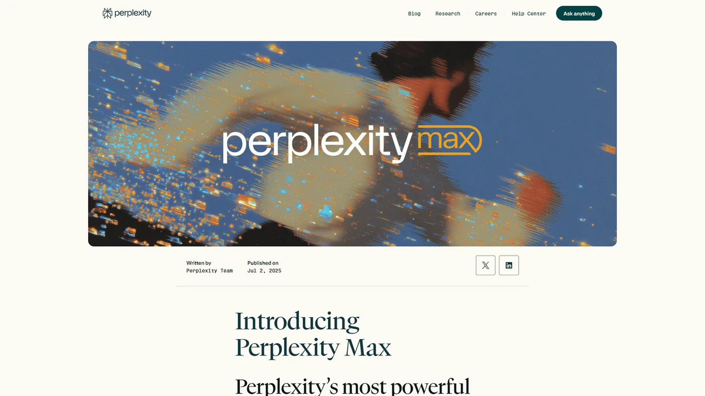 Perplexity blog post introducing Perplexity Max with hero image and publication details