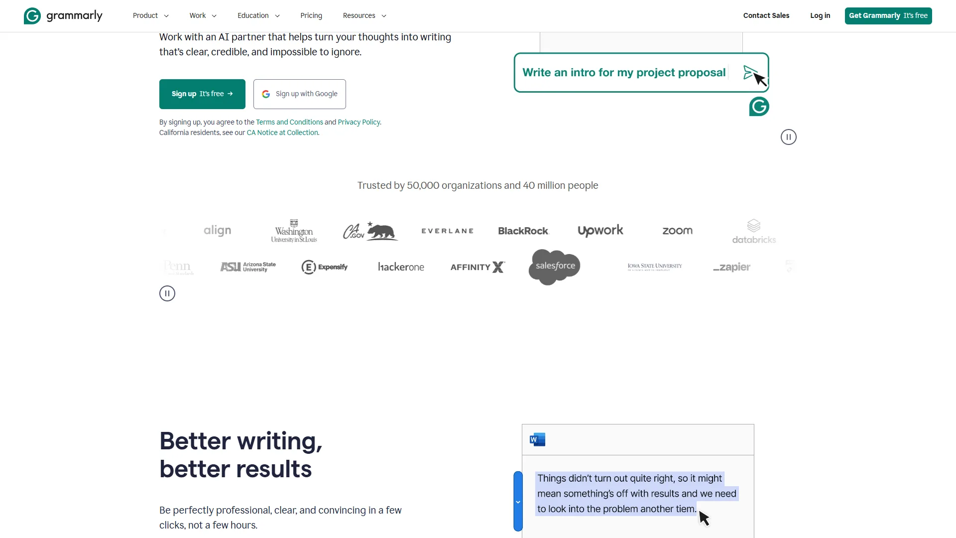 Grammarly AI writing assistant homepage highlighting grammar, tone, and clarity features