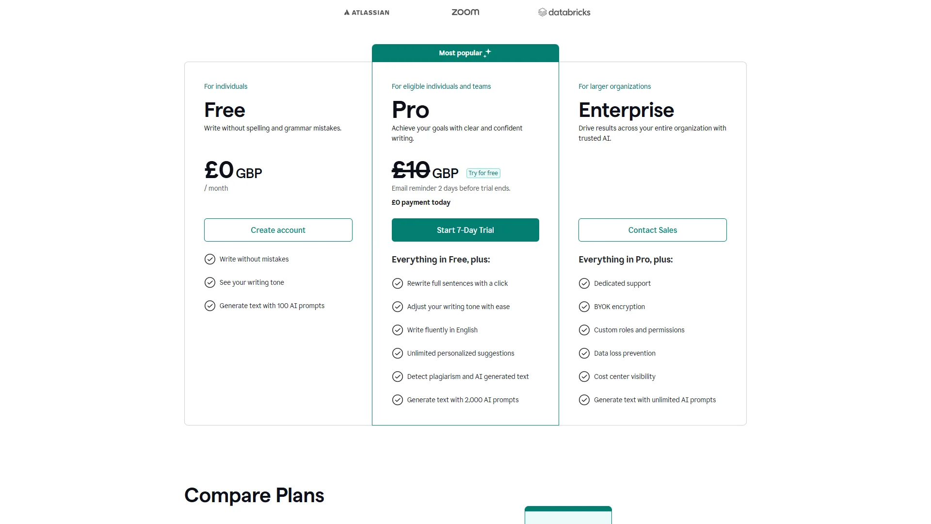 Grammarly pricing page showing Free, Pro, and Enterprise plan options