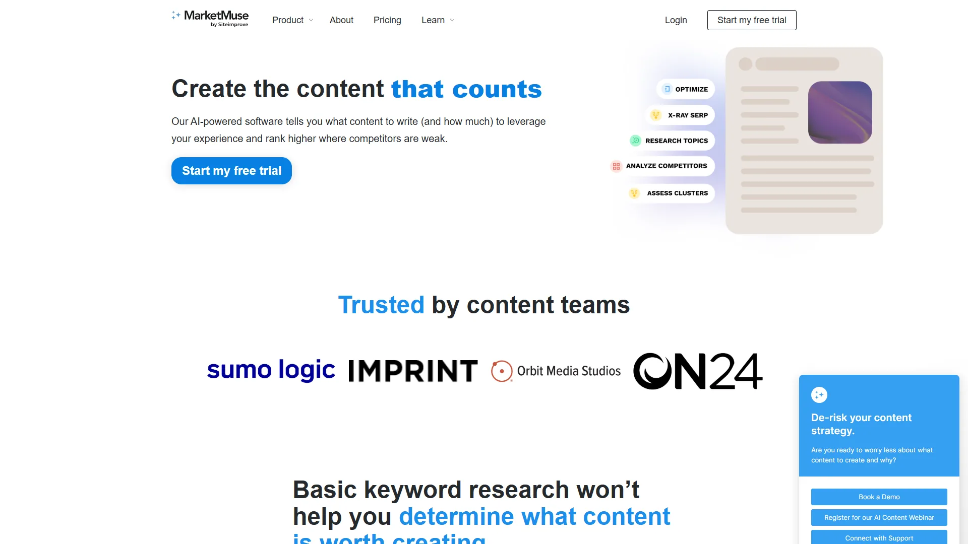 MarketMuse homepage with headline about creating the content that counts and a free trial button