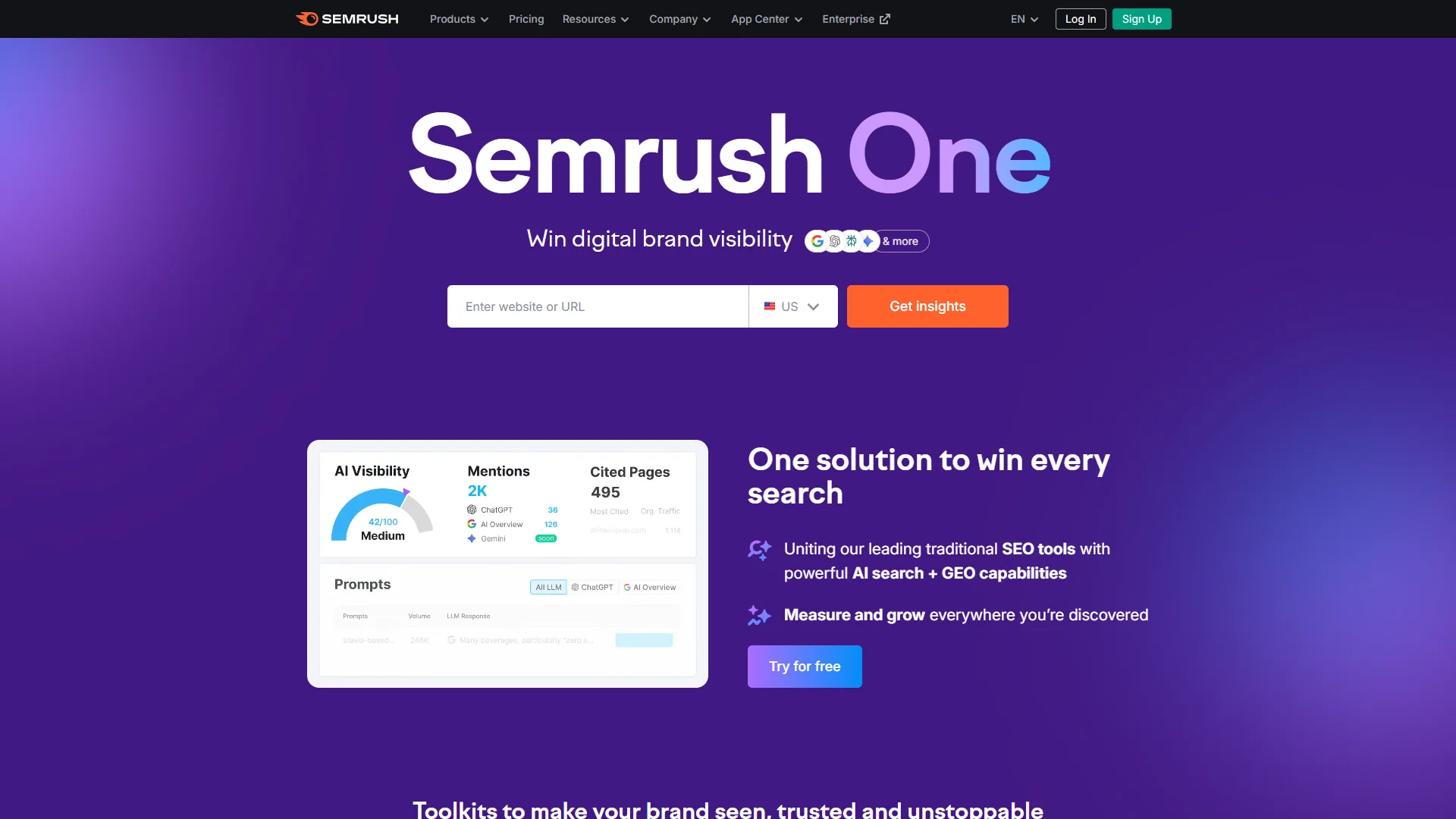 Semrush One homepage with purple gradient background, search bar, and AI visibility metrics preview