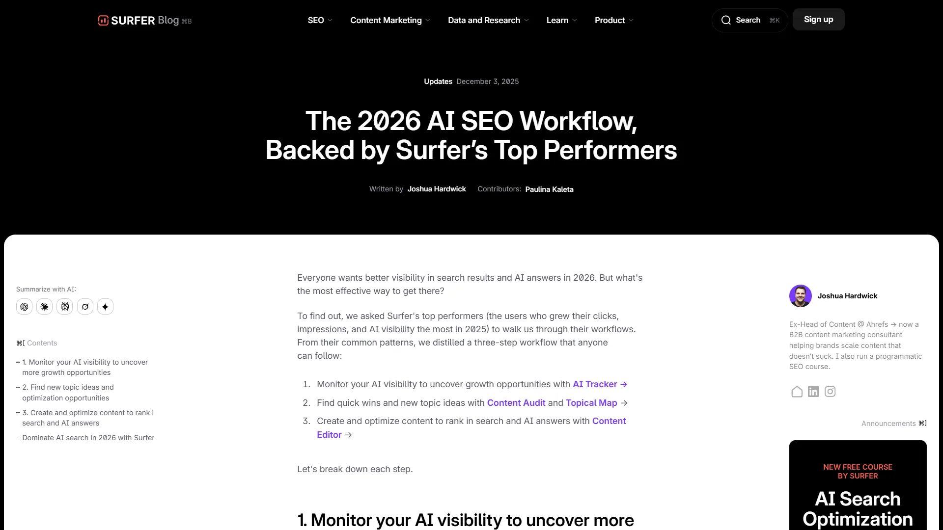 Surfer blog article about the 2026 AI SEO workflow with dark theme and sidebar navigation