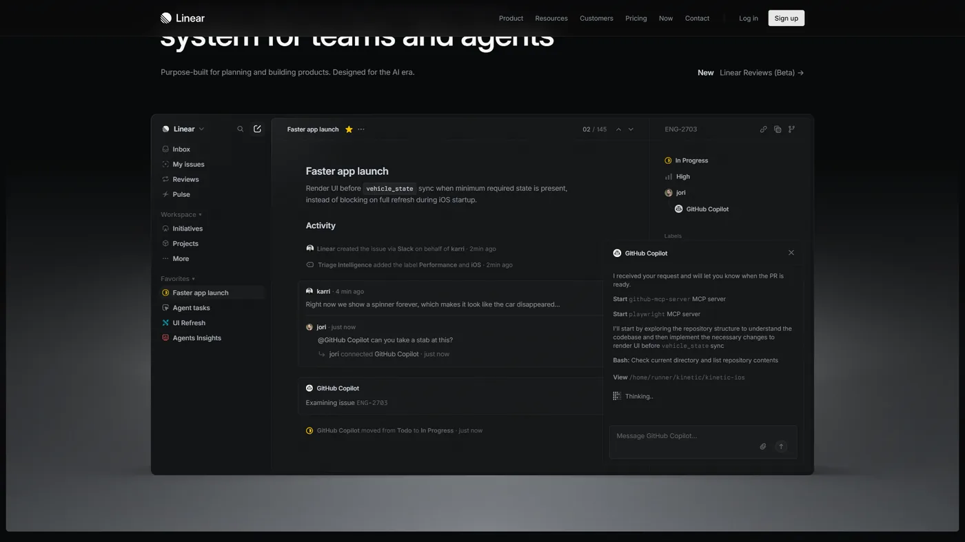 Linear issue tracking interface with minimal dark-themed design for developer teams
