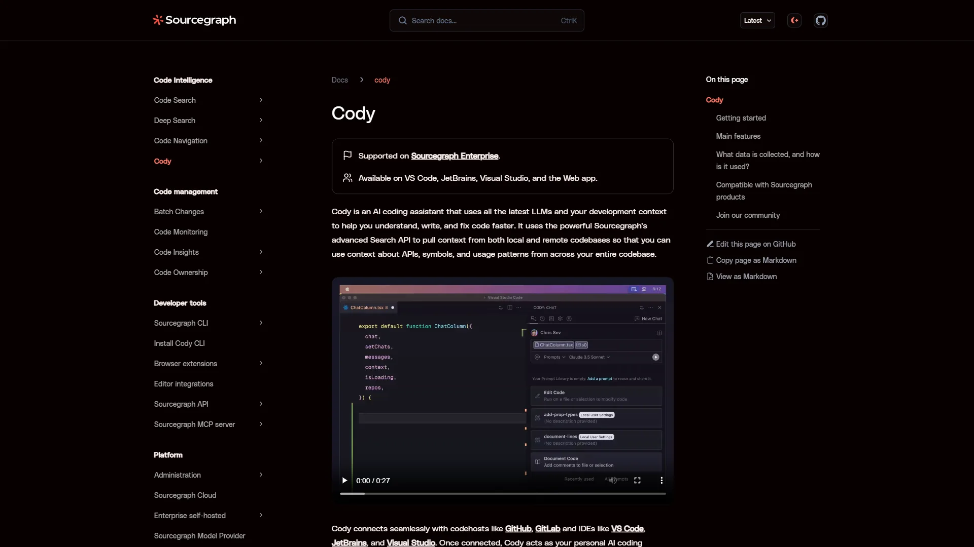 Sourcegraph Cody AI coding assistant page