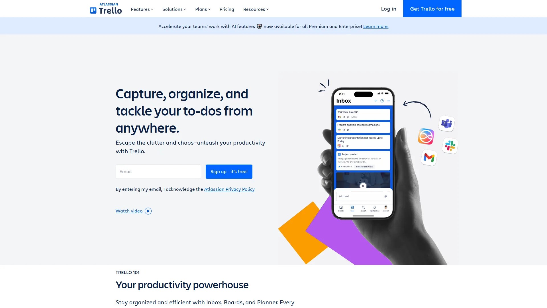 Trello homepage showing Kanban board interface with drag-and-drop cards and project organization